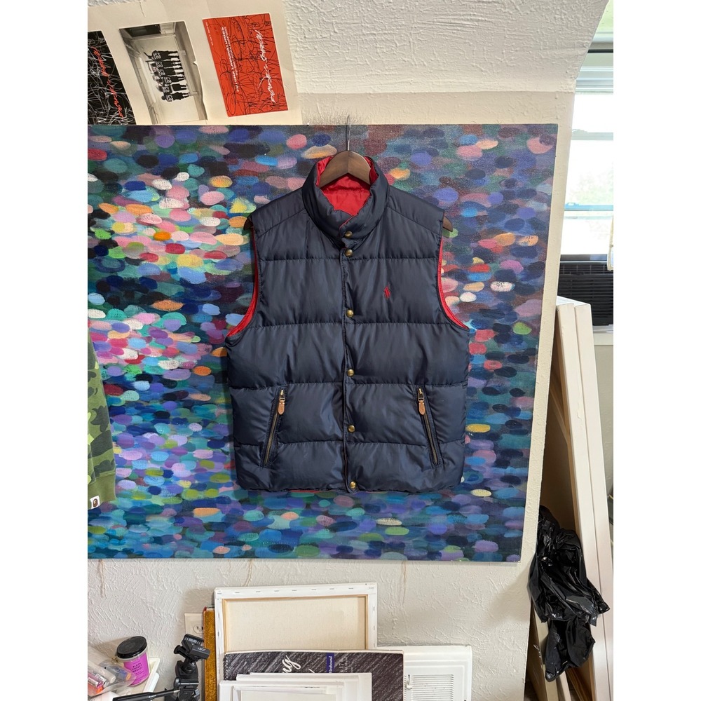 Polo Ralph Lauren Reversible Puffer Vest Navy Blue Red Mens Snap Front Pony Logo